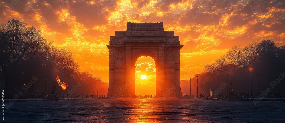 Majestic Sunset at India Gate with Flowing Indian Flag Majestic Sunset at India Gate with Flowing Indian Flag
