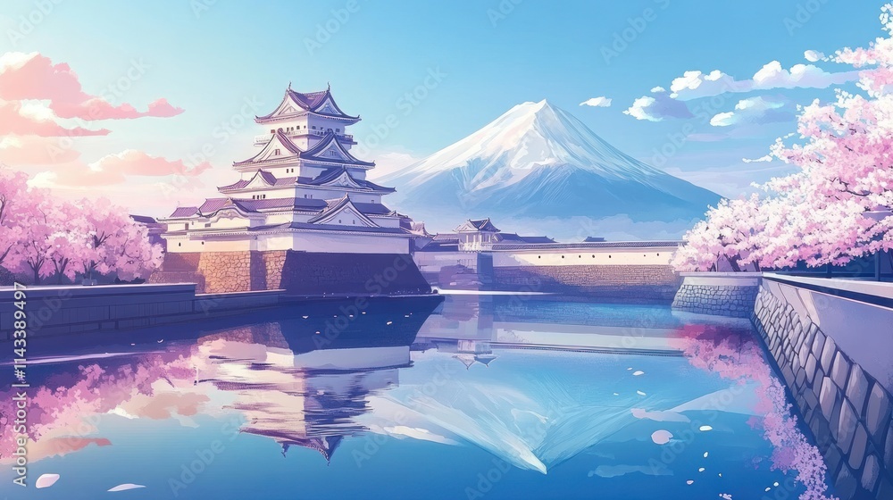 Obraz premium Serene landscape featuring a castle, cherry blossoms, and Mount Fuji reflected in water.