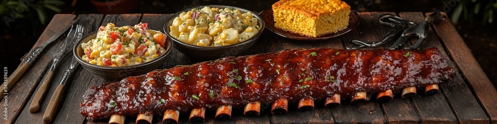 Delicious BBQ Ribs with Coleslaw Potato Salad and Cornbread on Wooden Platter Perfect for Grilling and Summer Picnic Barbecue Feast Delicious BBQ Ribs with Coleslaw Potato Salad and Cornbread on Wooden Platter Perfect for Grilling and Summer Picnic Barbecue Feast