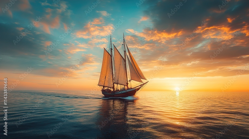 Fototapeta premium Majestic Sunset Sailboat Voyage: A Serene Ocean Journey