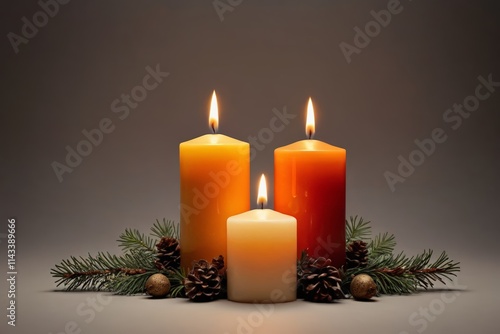 three candles are lit in a circle with pine cones and pine cones