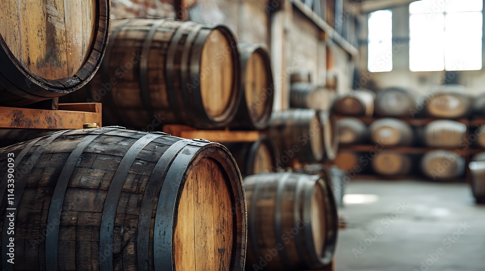 Wooden barrels in a distillery warehouse. Concept of aging, craft, and alcoholic beverages. Wooden barrels in a distillery warehouse. Concept of aging, craft, and alcoholic beverages.