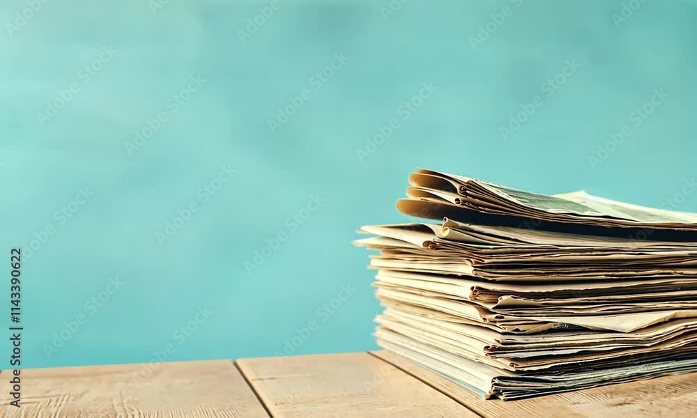 A stack of old newspapers on a wooden table against a blue background.