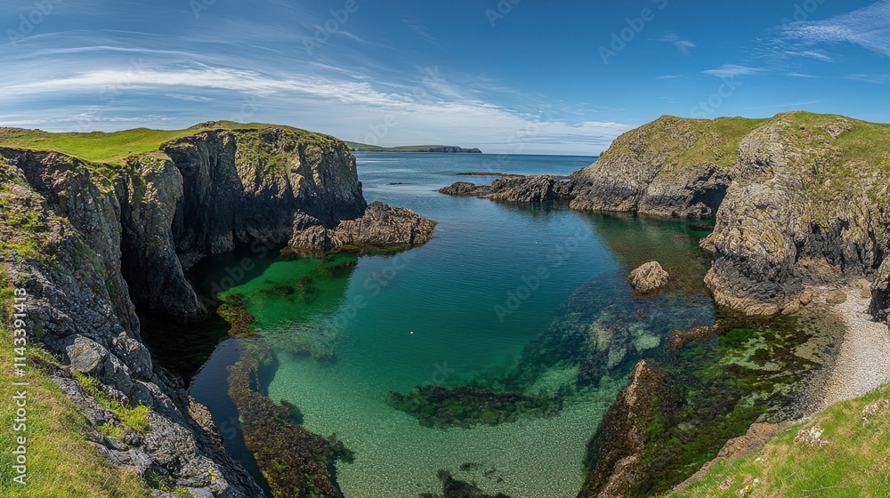 Serene Coastal Landscape with Clear Water and Rocky Shores Serene Coastal Landscape with Clear Water and Rocky Shores