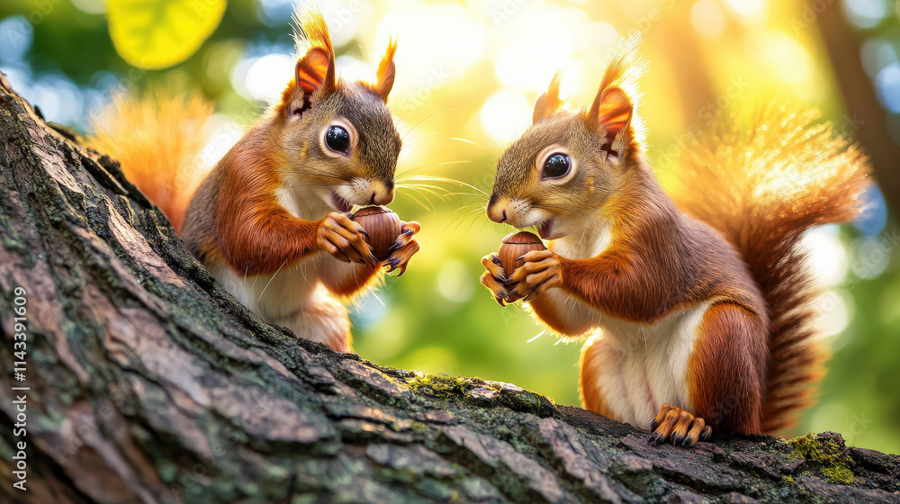 Two squirrels sharing acorn perched on tree branch, enjoying sunny day in nature. Their playful interaction brings joy and warmth to scene Two squirrels sharing acorn perched on tree branch, enjoying sunny day in nature. Their playful interaction brings joy and warmth to scene
