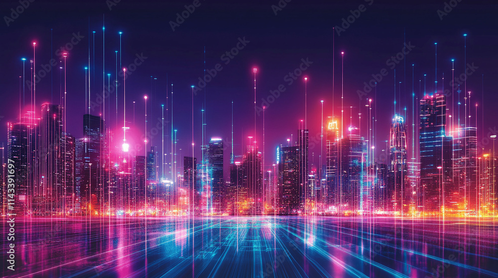Modern building of architecture with neon glowing light effects, modern big and small building are arranging randomly, modern city building with glowing effect. Modern building of architecture with neon glowing light effects, modern big and small building are arranging randomly, modern city building with glowing effect.