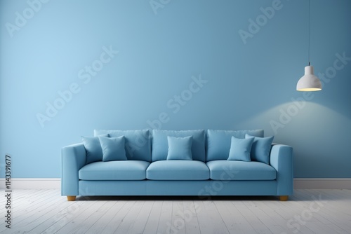 arafed blue couch in a room with a lamp on the wall photo