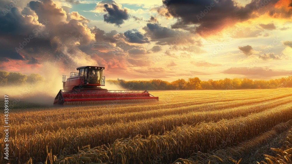 Obraz premium Harvesting Wheat Under a Dramatic Sunset