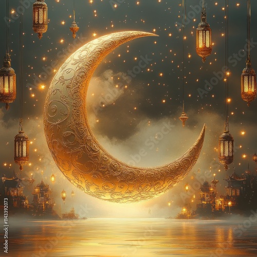 Islamic New Year Celebration with Ornate Crescent Moon and Lanterns photo