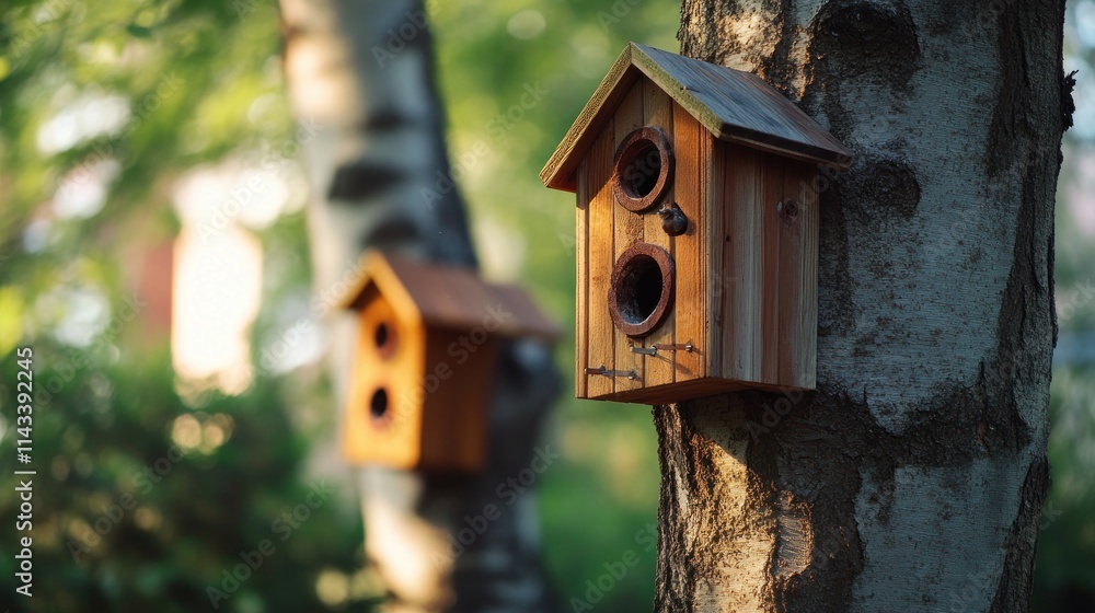 Two wooden birdhouses attached to tree trunks in a green, natural setting. Two wooden birdhouses attached to tree trunks in a green, natural setting.