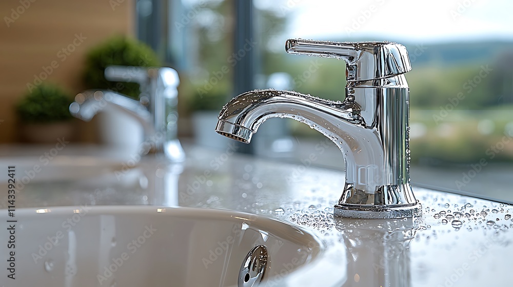 Chrome faucet with water droplets on a modern sink Chrome faucet with water droplets on a modern sink