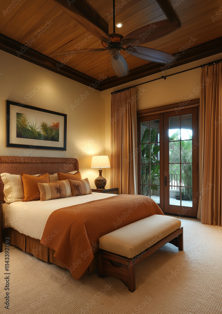 Fototapeta premium Tropical Ceiling Fan in Bedroom with Nightfall Whispers for Breezy Nights