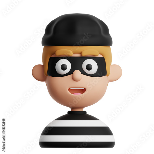 Konstfotografi 3D cartoon thief character, dressed in a mask and striped outfit, isolated on a transparent background