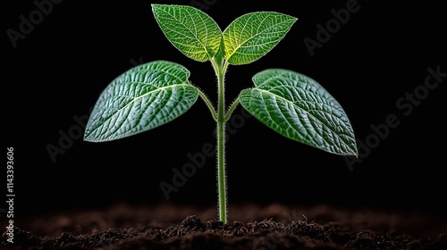 Young Plant Sprout Growing in Dark Soil Against Black Background photo