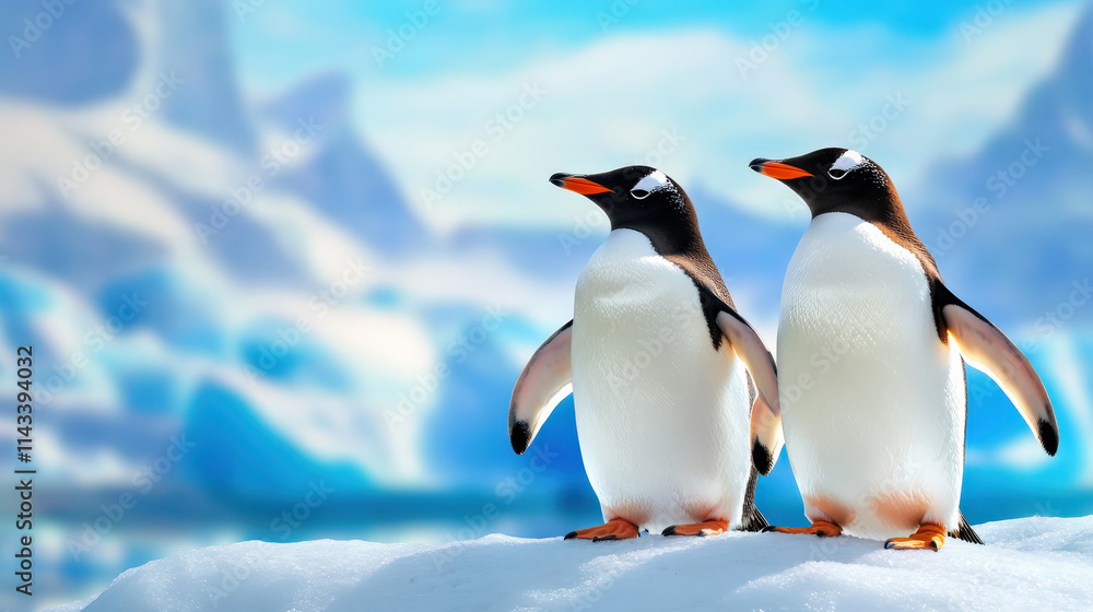 Naklejka premium Gentle penguins standing on icy terrain, showcasing their unique features and playful demeanor in serene, snowy landscape