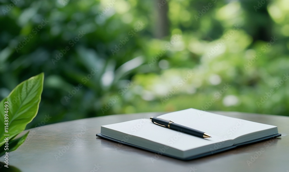 A blank notebook and pen on a table in a lush green environment. A blank notebook and pen on a table in a lush green environment.