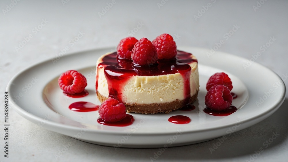Red raspberries and raspberry syrup topping on round mini cheesecake with fresh berries on a white plate with a simple background Red raspberries and raspberry syrup topping on round mini cheesecake with fresh berries on a white plate with a simple background