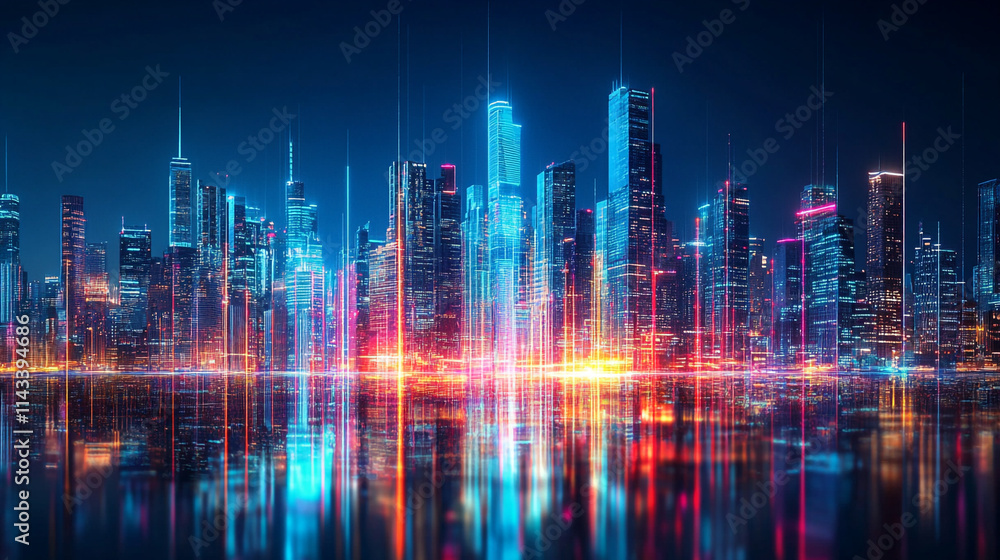 Modern building of architecture with neon glowing light effects, modern big and small building are arranging randomly, modern city building with glowing effect. Modern building of architecture with neon glowing light effects, modern big and small building are arranging randomly, modern city building with glowing effect.
