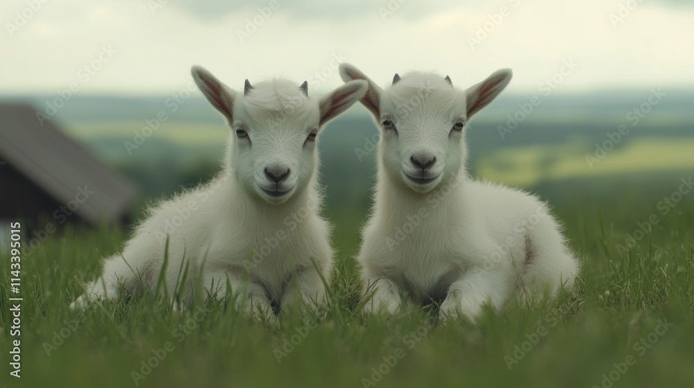 Obraz premium Two adorable white baby goats resting together in a grassy field.