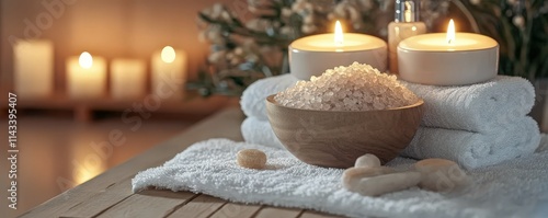 A serene spa setting featuring a bowl of bath salt, soft towels, and lit candles, creating a relaxing atmosphere.