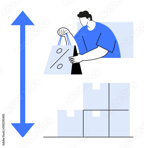 Person holding a shopping bag with a percentage sign, stacked boxes indicating delivery, and an arrow suggesting growth. Ideal for e-commerce, online shopping, retail, sales, delivery, discounts