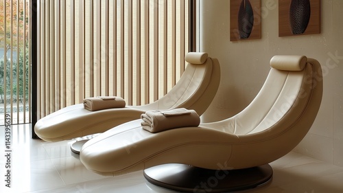 A serene spa room featuring two elegant reclining chairs, complemented by natural light and decorative artwork, promoting relaxation and tranquility.