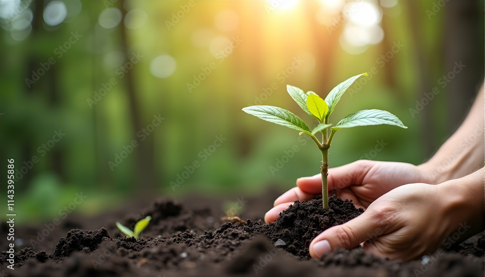 Tender hands nurture a sapling, a symbol of growth and hope amidst a sun-drenched forest. New life takes root. Tender hands nurture a sapling, a symbol of growth and hope amidst a sun-drenched forest. New life takes root.