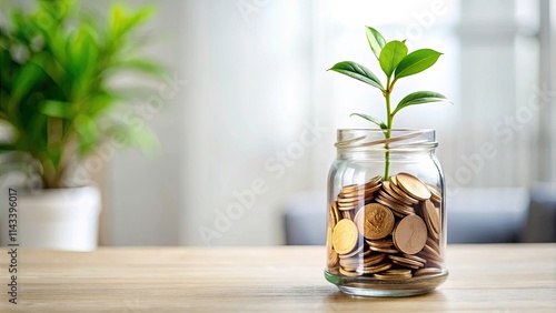 Minimalist Pension Savings: Glass Jar, Coins, Plant, White Tabletop photo