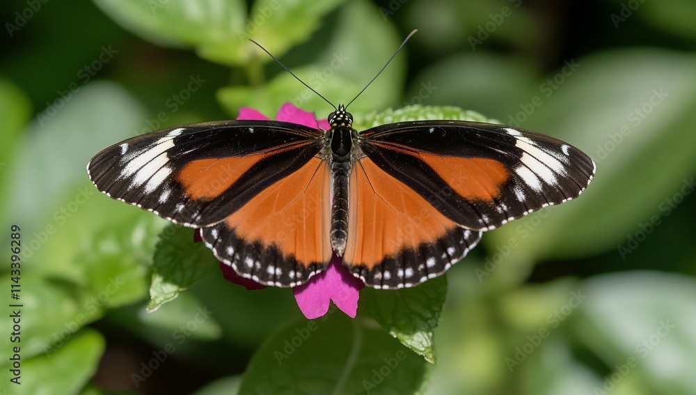 A vibrant butterfly perched on a pink flower amidst green foliage. A vibrant butterfly perched on a pink flower amidst green foliage.