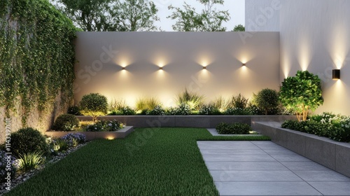 Modern backyard garden with lighting at night.