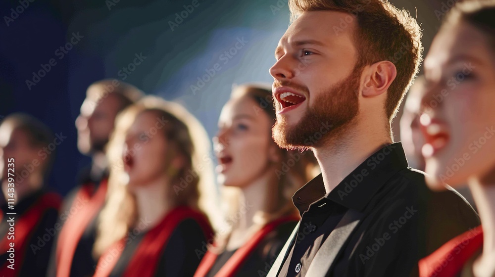 A choir performing with passion and focus, showcasing musical talent. A choir performing with passion and focus, showcasing musical talent.