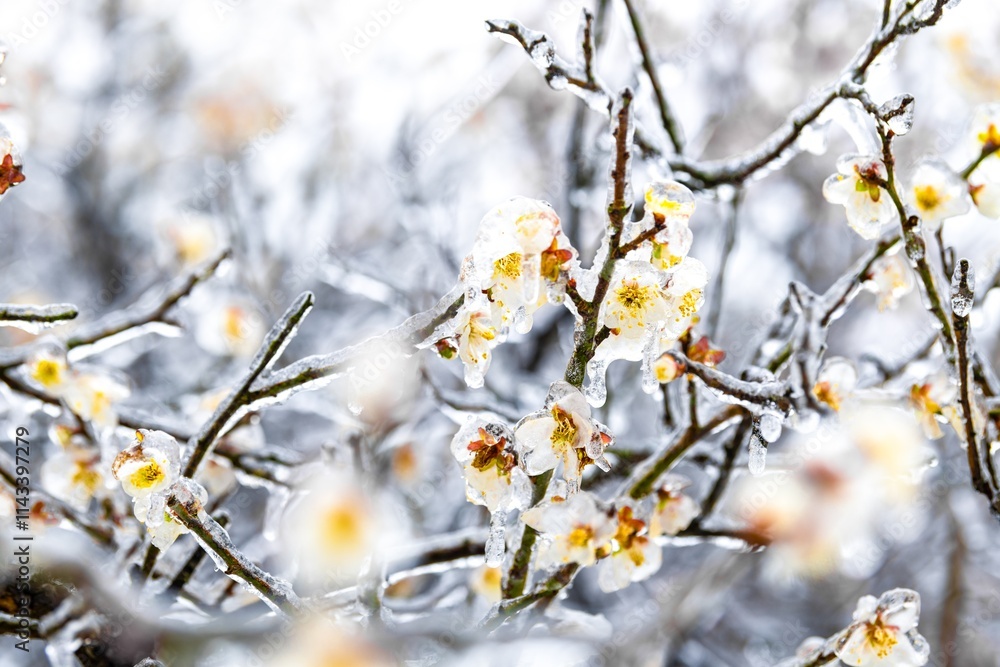 Ice-covered plum blossoms bloom in winter, showcasing delicate beauty amidst frost Ice-covered plum blossoms bloom in winter, showcasing delicate beauty amidst frost