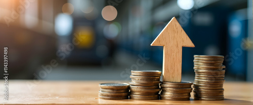 Stacks of coins ascending, a wooden arrow points upward.  Financial growth, wealth increase, investment success visualized. photo