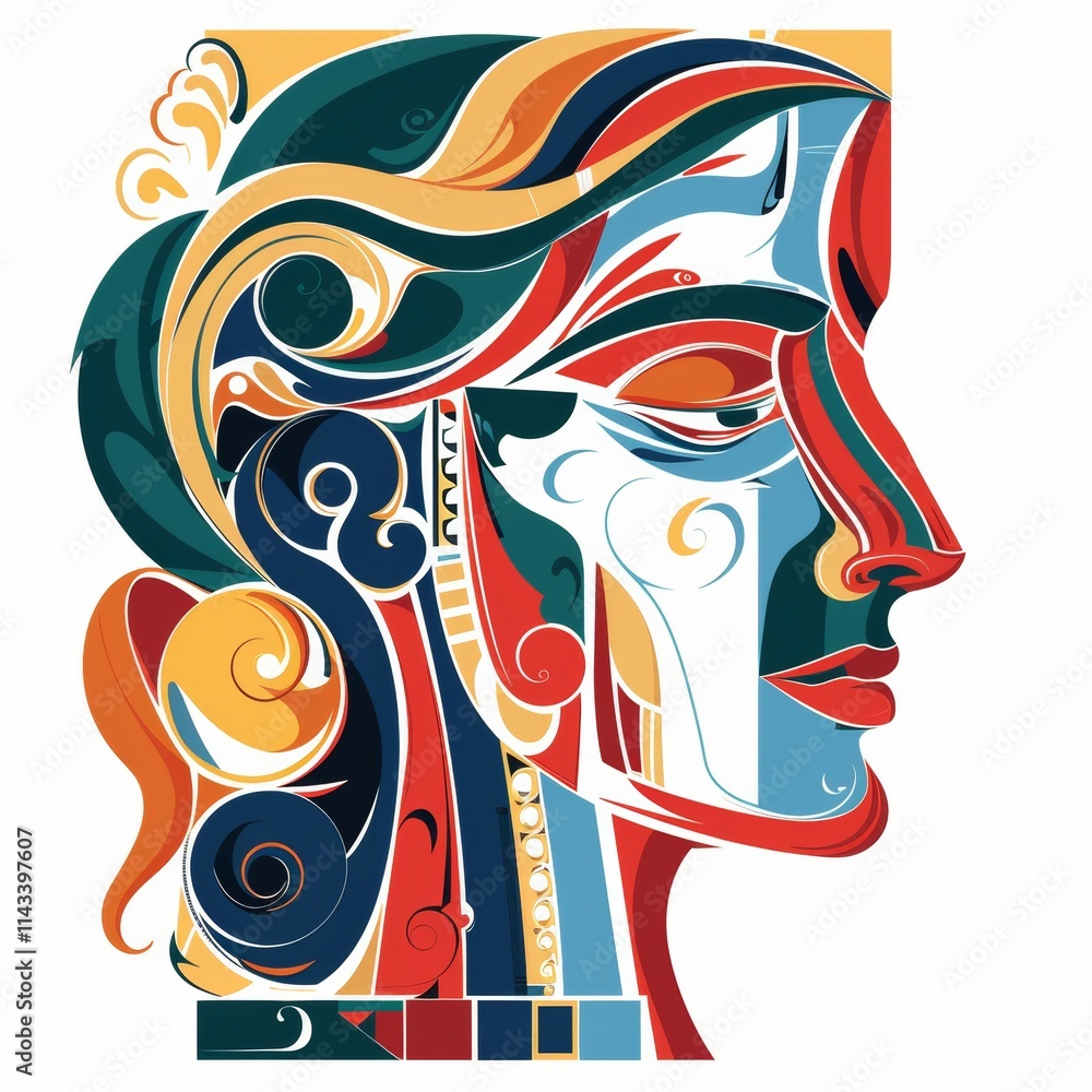 Obraz premium Abstract Colorful Portrait Profile Intricate Design Elements, Bold Swirls and Curves