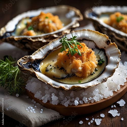 Gourmet Baked Oysters Plated with Fresh Herbs photo