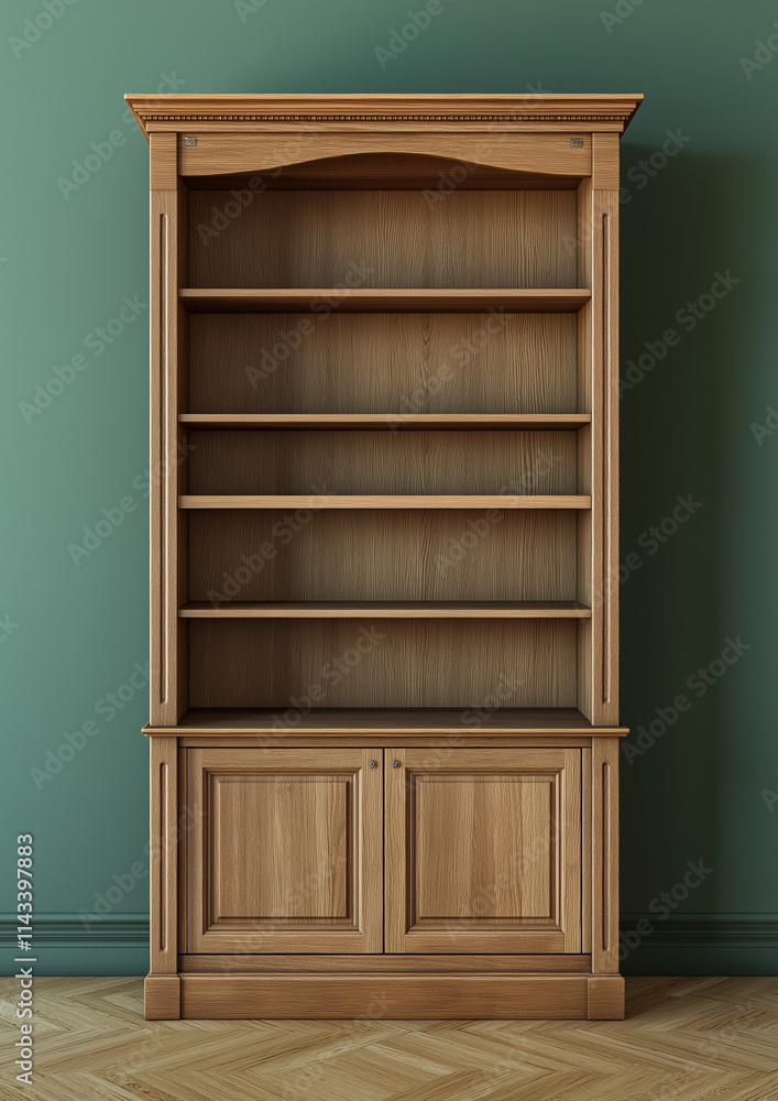 Classic Oak Bookcase with Walnut Finish and Soft Green Background for Timeless Decor Classic Oak Bookcase with Walnut Finish and Soft Green Background for Timeless Decor
