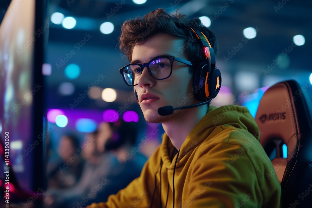A young gamer focused on a game at an esports event. A young gamer focused on a game at an esports event.