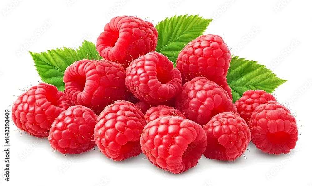 Pile of ripe raspberries with leaves. Pile of ripe raspberries with leaves.