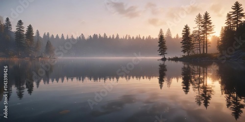 serene lake scene at dawn with a subtle bokeh effect and soft focus, serene water, natural beauty, soft focus