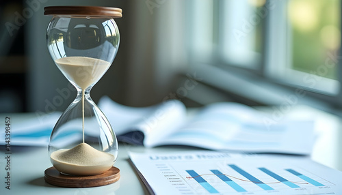 Time is Money: An hourglass sits on financial reports, symbolizing the fleeting nature of time and the importance of efficient financial management.  Invest wisely!