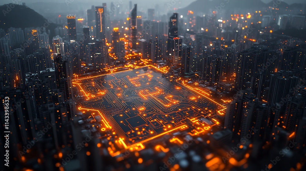 Obraz premium Futuristic city integrated with glowing circuit board.