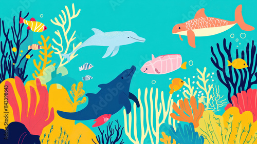 A vibrant children’s illustration depicting an underwater coral reef teeming with colorful fish, playful dolphins, and friendly sea turtles, creating a lively and enchanting marine scene.