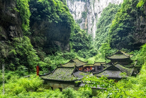 Exploring the unique karst landscape of Chongqing Wulong Tiansheng Sanqiao with lush greenery and ancient architecture photo