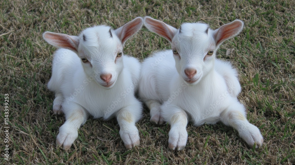 Two adorable white baby goats sitting side-by-side on grass. Two adorable white baby goats sitting side-by-side on grass.
