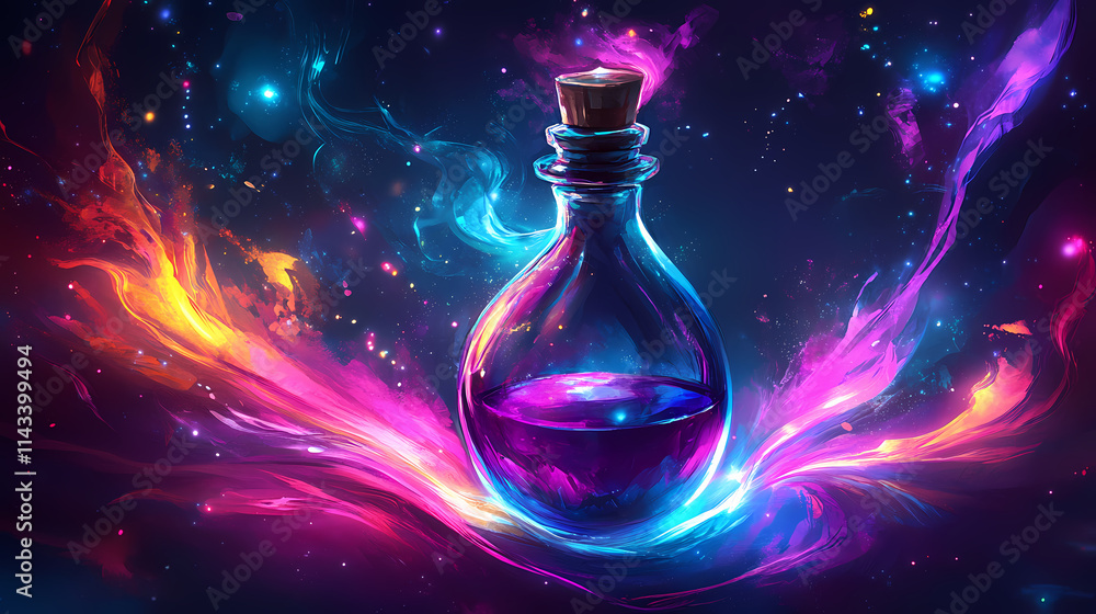 Vibrant fantasy potion bottle with colorful magical swirls, perfect for game design and fantasy artwork inspiration. Chronos. Illustration Vibrant fantasy potion bottle with colorful magical swirls, perfect for game design and fantasy artwork inspiration. Chronos. Illustration