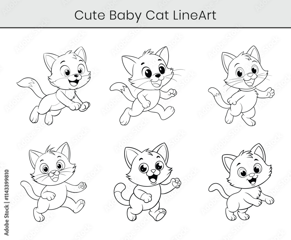 Obraz premium A cute kitten outline cartoon vector. Cute baby cat flat illustration on white background