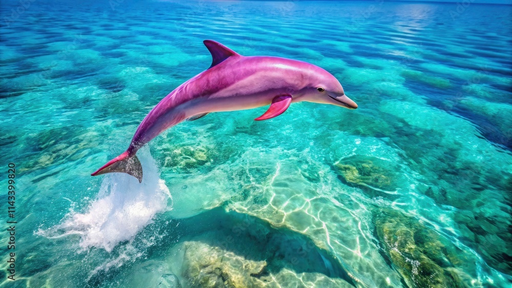 Obraz premium Pink Dolphin Aerial Photography: Stunning Leap, Ocean Wildlife, Aquatic Mammal, Rare Pink Dolphin, Aerial View, Wildlife Photography
