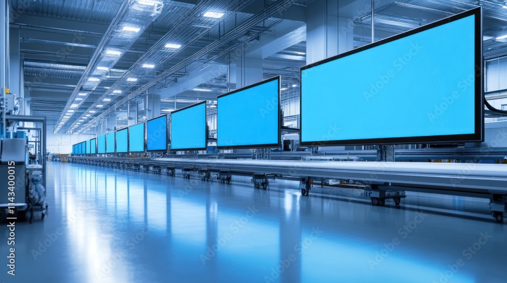 A clean, high-tech factory production line where large digital billboard panels are assembled and processed, ready for display in outdoor environments, with no text shown. A clean, high-tech factory production line where large digital billboard panels are assembled and processed, ready for display in outdoor environments, with no text shown.
