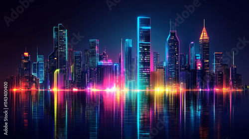 Vibrant Futuristic City Skyline at Night with shiny and glowing neon lights, abstract ultra modern light effect of cityscape featuring sleek modern architecture illuminated by vibrant neon lights.