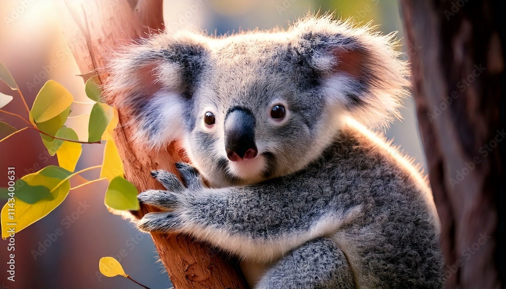 Fototapeta premium smiling baby koala hugging a pastel-colored tree